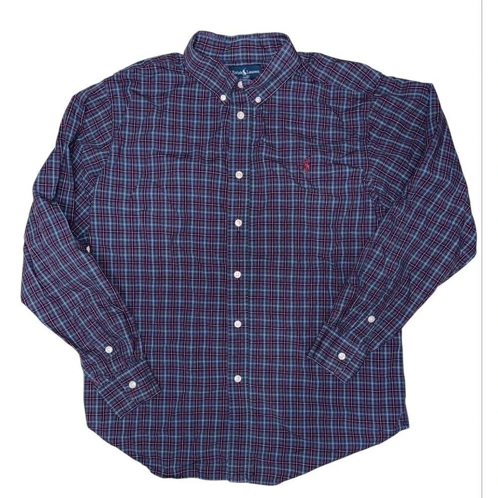 Ralph‎ Lauren Boys Button‑Down Shirt – Size 14/16 – Plaid – Red/Blue